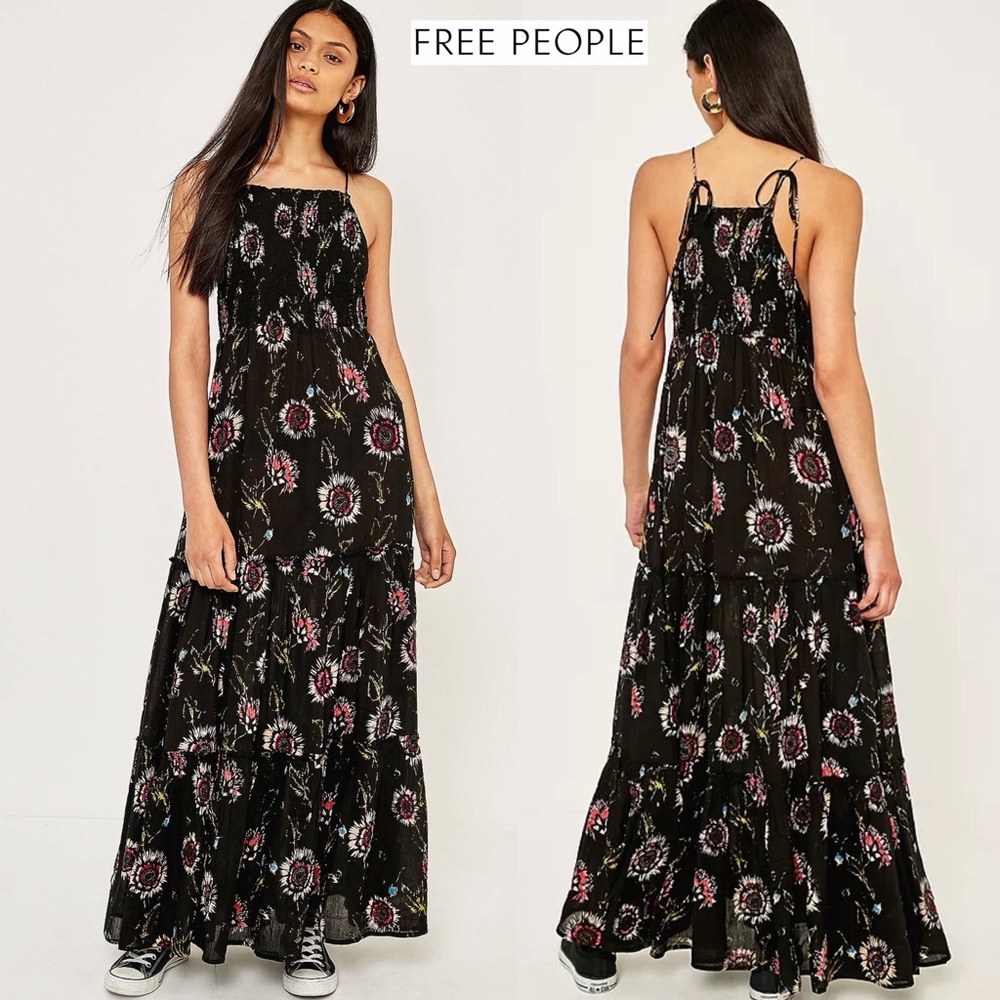 Free People Garden Party Floral Maxi Dress L Boho Smocked Tiered A-Line Romantic - Picture 3 of 16